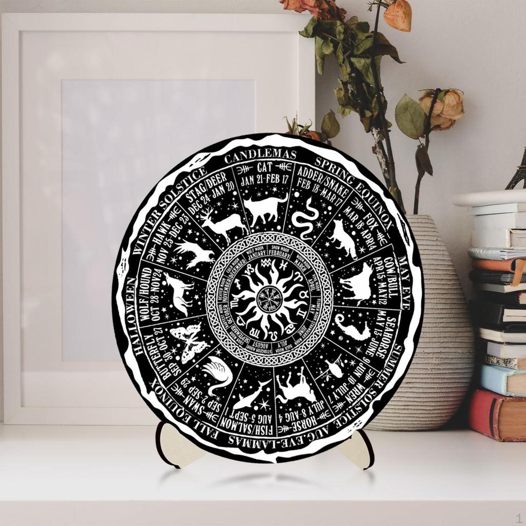 Calendar Dowsing Board Set,Round Chart Mat Sun Moon Altar Supplies Card Stand Wooden Engraving