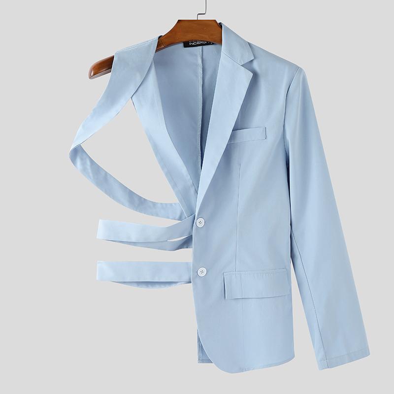 INCERUN Men One Shoulder Long Sleeve Button Cutout Bandage Blazer Irregular Coats