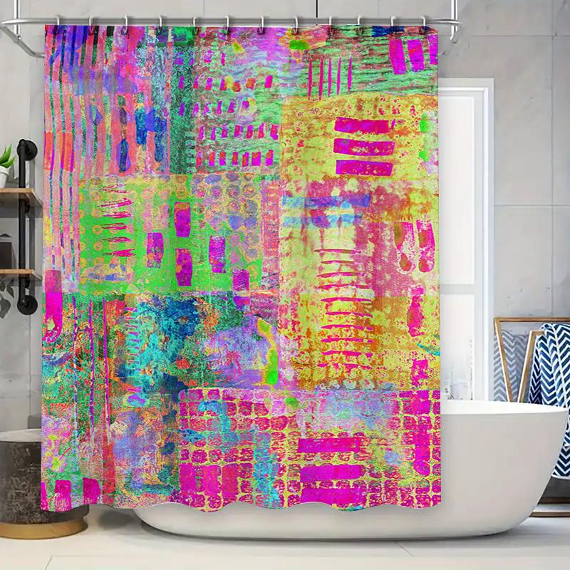 

Vibrant Shower Curtain Waterproof Fabric with Black Stripes Multicolored Accents for Home Decor in Bathroom Customizable Size Av 90x180cm