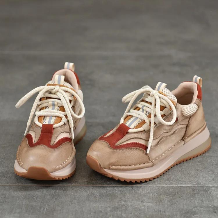 Johnature Genuine Leather Casual Sports Lace Up Anti Slip Women's Shoes Retro Mixed Colors Thick Soled Sneakers