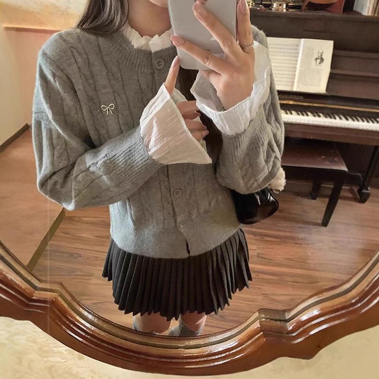 Gentle wind simple lace neck twist sweater women's classic college style versatile bow crew neck knitted sweater