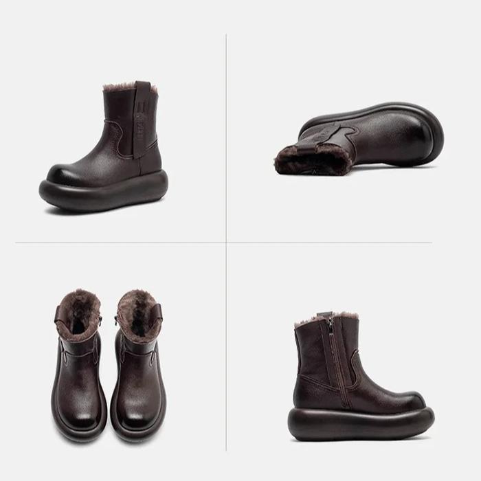 Johnature Retro Warm Side Zipper Thick Soled Women's Short Boots Genuine Leather Wool Snow Boots