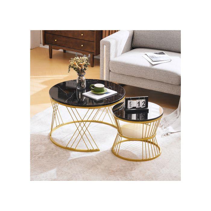 Lot de 2 tables basses brillantes, tables rondes gigognes côté canapé, finition marbre, lot de 2, structure dorée
