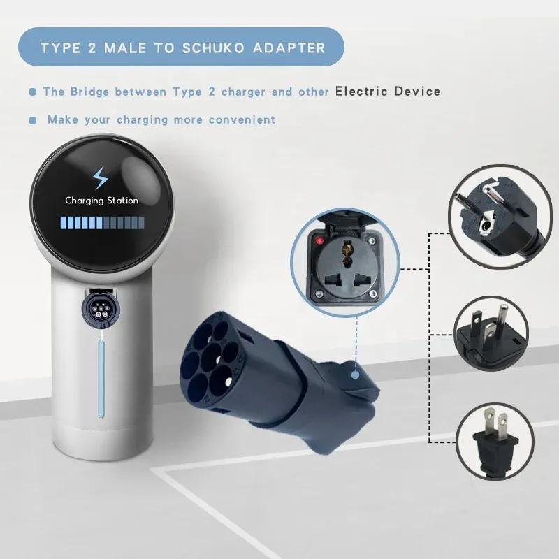 Přenosný 220V Typ 2 Male Konektor do Schuko Zásuvky Nabíjecí Adaptér pro EV Nabíječku EV Konektor