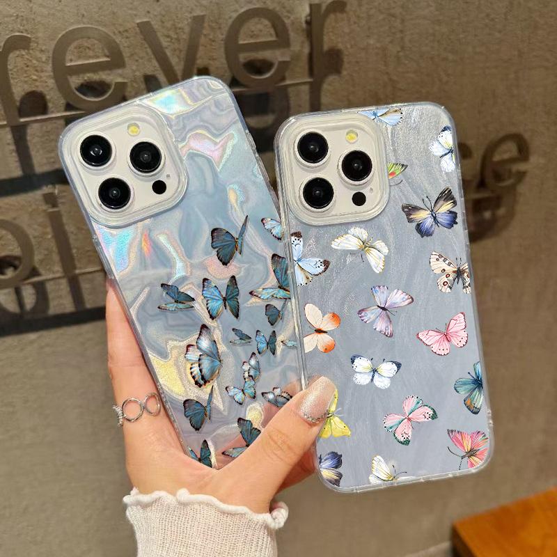 Butterfly Print Soft Edge Slim Clear Phone Case For iPhone 16 Pro 15 Pro Max 14 13 12 11 Glitter Feather Shockproof Sparkling Hard PC Back Cover