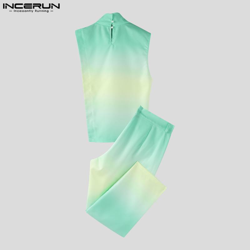 INCERUN 2PCS Men Sleeveless One Shoulder Gradient Tank Tops and Long Harem Pants Outfits Sets