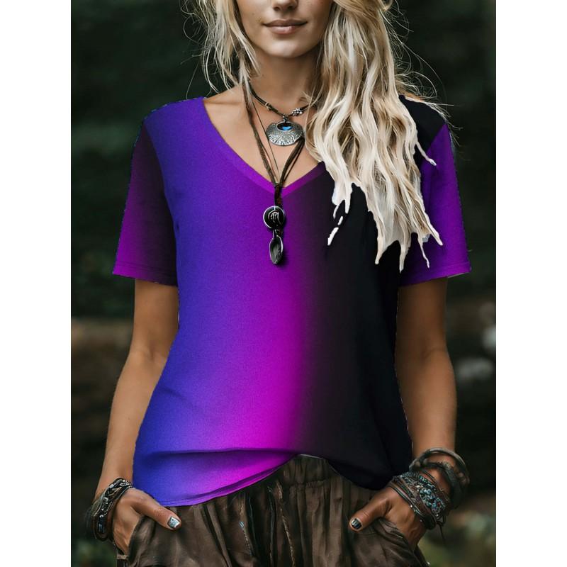 Womens V-Neck Short Sleeve Loose Fit T-Shirt With Floral Lake Scene Cartoon Bun Girl Print 2025 Casual Top