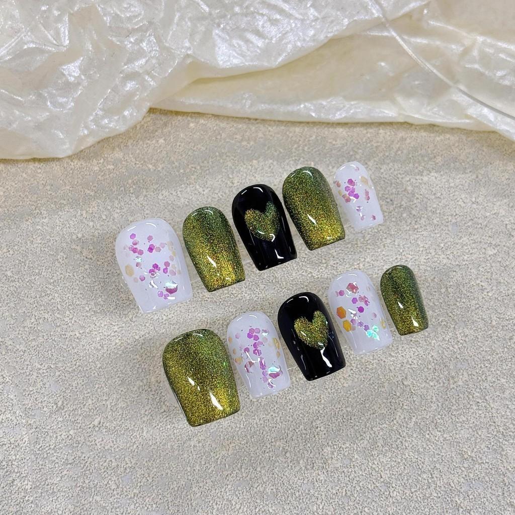 

100% РУЧНАЯ РАБОТА Короткие искусственные ногти в форме гроба Темно-зеленый кошачий глаз Белое пятно Набор украшенных накладных ногтей с клеем Многоразовый пресс для ногтей L