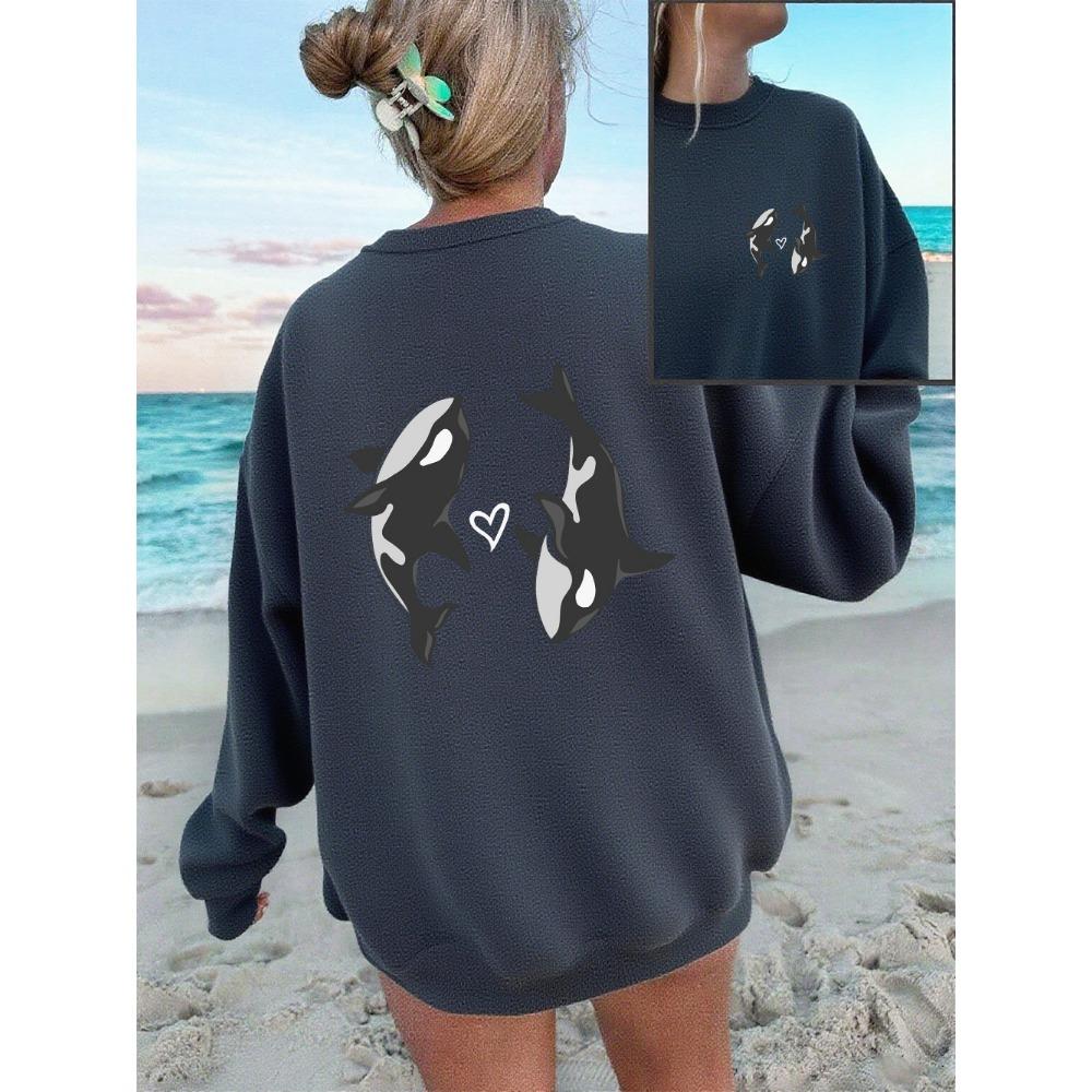 

Свитшоты с принтами сердец дельфинов для женщин, зимние теплые худи с круглым вырезом, свободная базовая спортивная женская уличная одежда XL