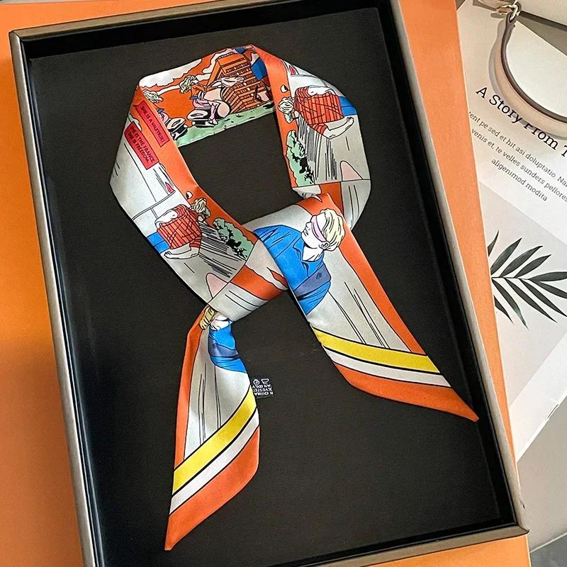 Silk Scarf Women Luxury Chain Print Bag Skinny Scarves Wraps Wrist Towel Foulards Neckerchief Headband Muslim Hijabs