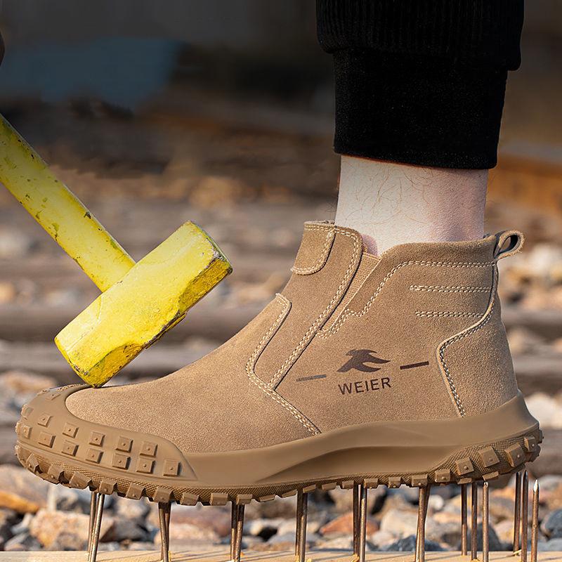 Mens Fashion Steel Toe Covers Work Safety Boots Slip-on Cow Suede Leather Welding Shoes Worker Chelsea Security Botas Protection