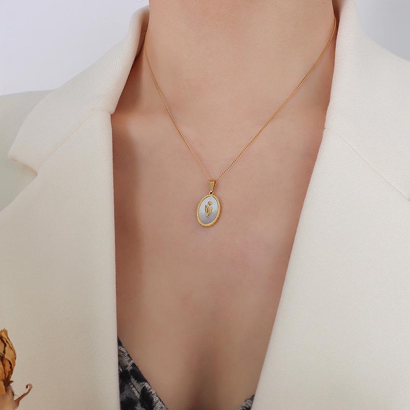 French Niche Retro Women s Necklace - 18k Gold Plated Titanium Steel with White Mother of Pearl.