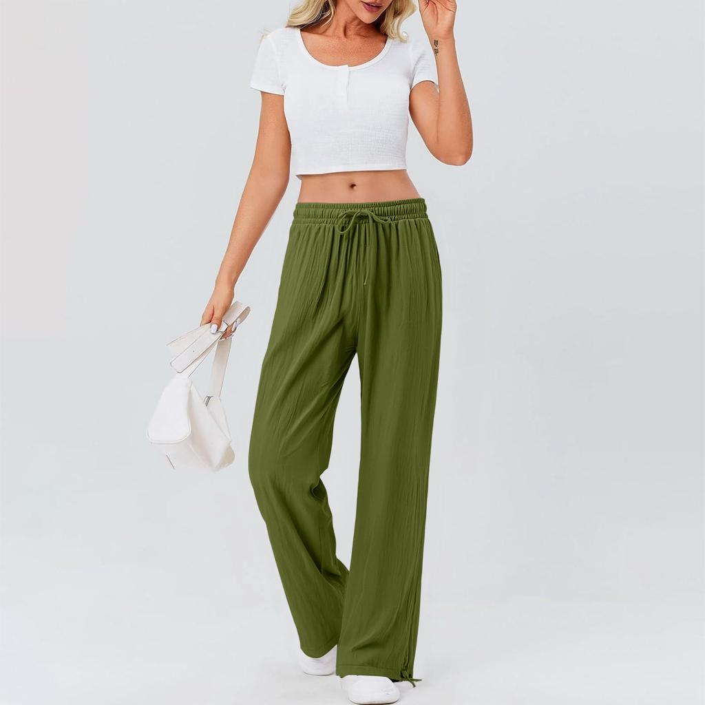 Women's Casual Fashion Color Elastic Waistband Pocket Wide-Leg Straight-Leg Pants