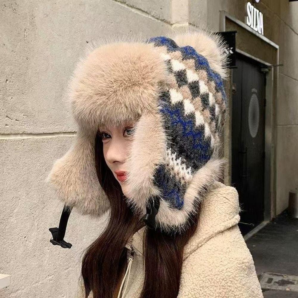 Thick Fleece Plush Basin Hat Plush Ear Flap Hat Fashion Knitted Hat Cold Weather