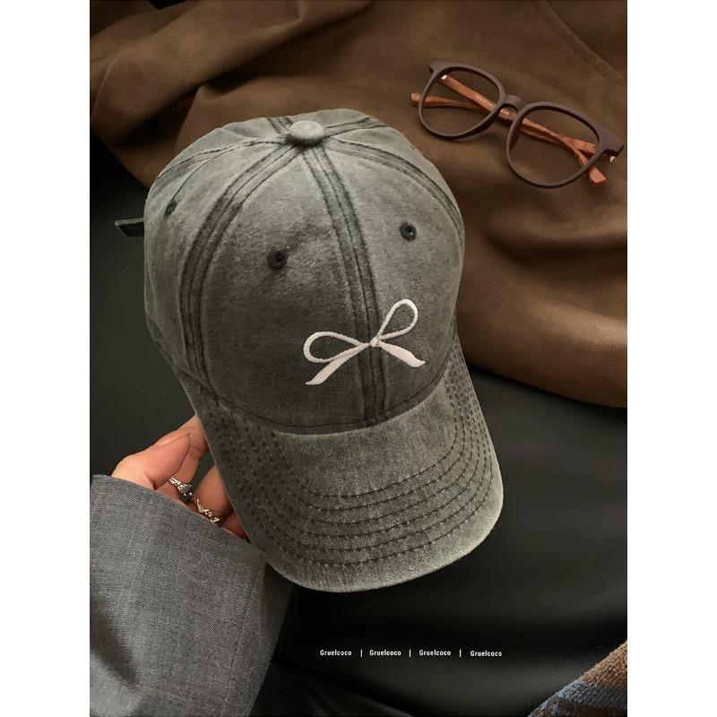 Retro Washable and Old Bow Embroidered Baseball Cap for Women  New Spring Style  Large Brim  Bare Face Covering Baseball Cap