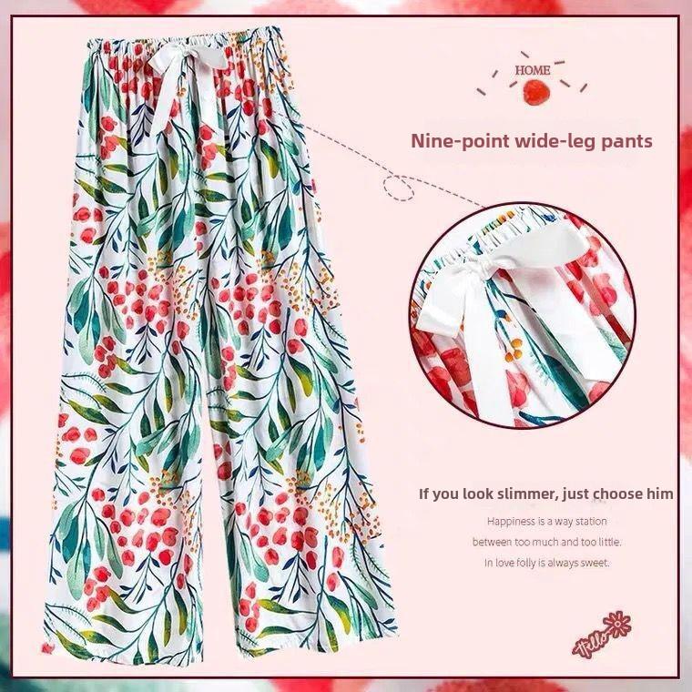 Women's Summer Loose-Fit Wide-Leg Pajama Pants - Imitation Cotton Silk, Nine-Point Length, Wear Indoors or Out