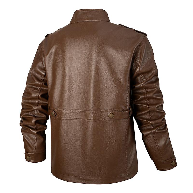 Leather jacket men's tooling multi-pocket trendy slim-fitting handsome youth spring and autumn thin motorcycle jacket