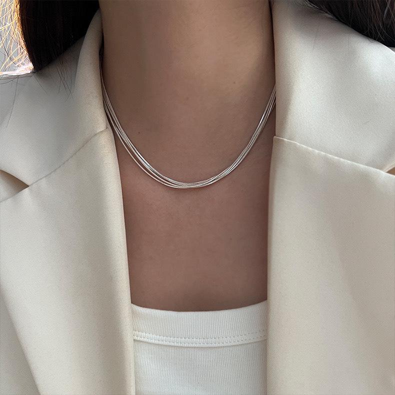 S925 Sterling Silver Korean-Style Multi-Layer Snake Chain Necklace for Women