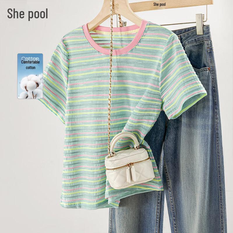 Women s Striped Round Neck Short Sleeve T-Shirt L