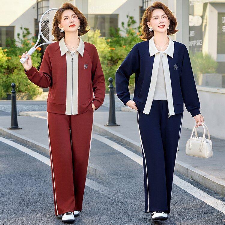 Spring & Autumn Women's Casual Two-Piece Set: Stylish Mother’s Knit Jacket with Wide-Leg Pants