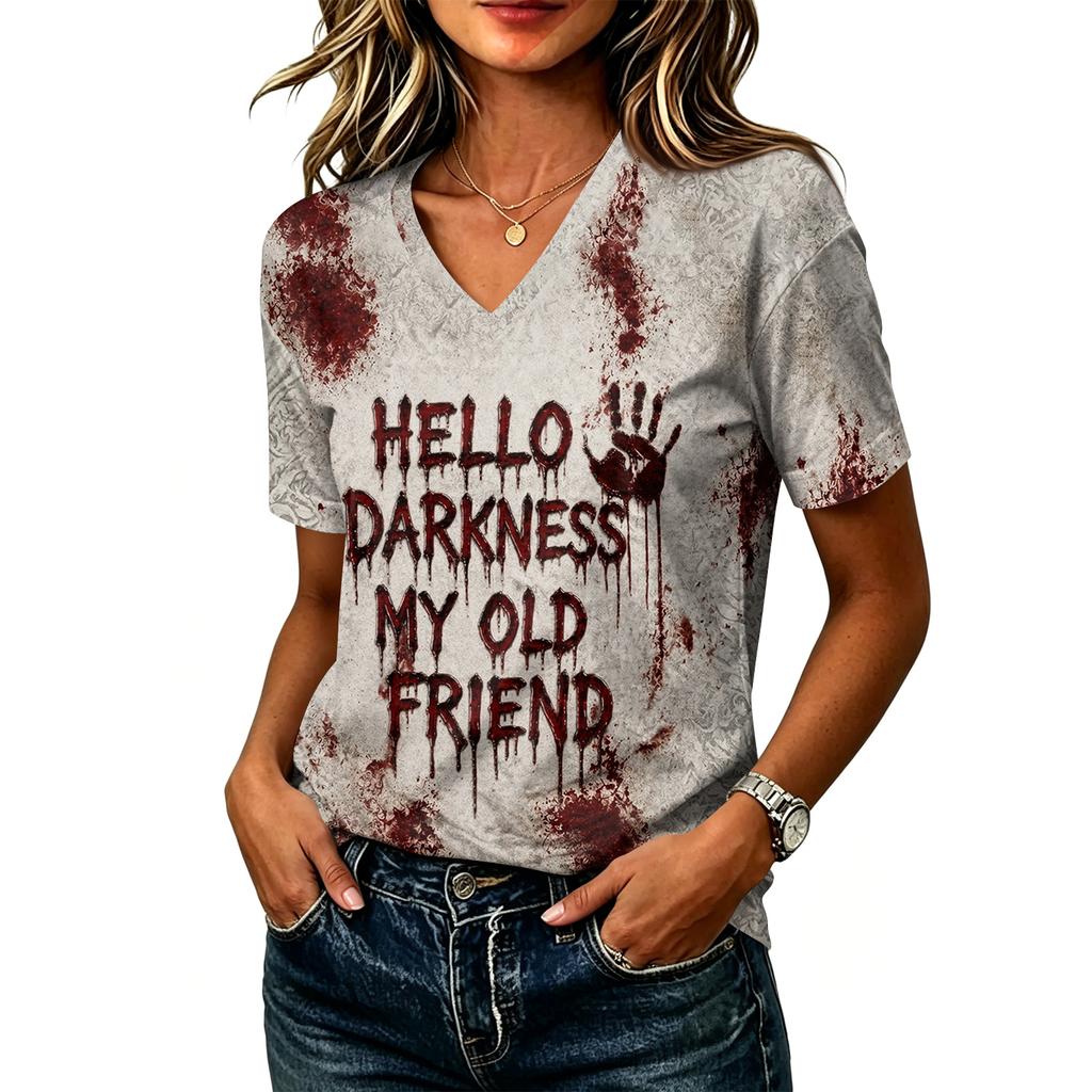 Women's Casual V-Neck Top with Halloween Print for Fall Festive Wear