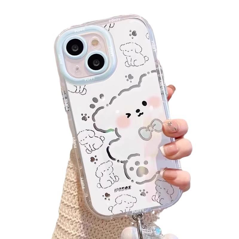 Chiot Nœud Papillon pour Coque de Téléphone Portable Apple 17promax avec Bracelet 15pro Dessin Animé Crème Miroir 14/13