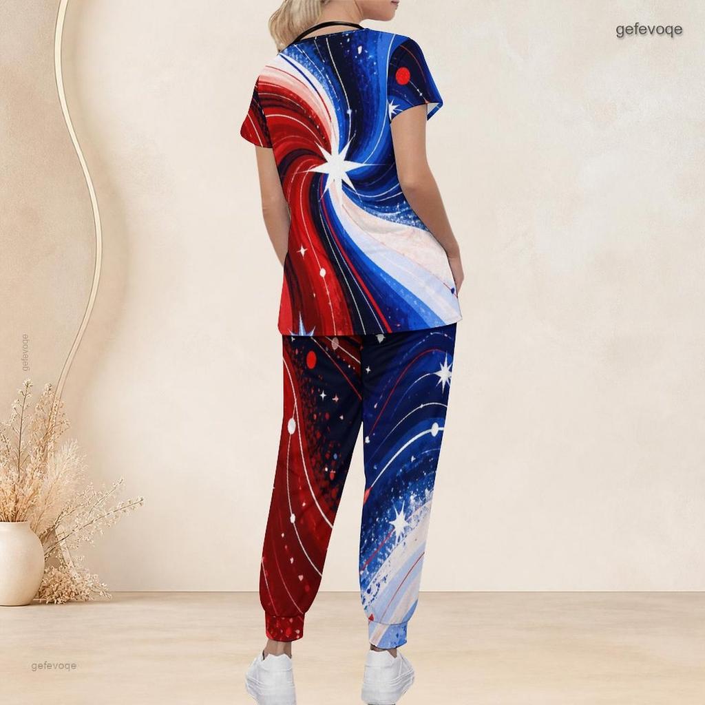 Damen Übergröße V-Ausschnitt Kurzarm Kasack-Set Marineblau Mit Roten Punkten Dekor Print Krankenschwester Uniform Set