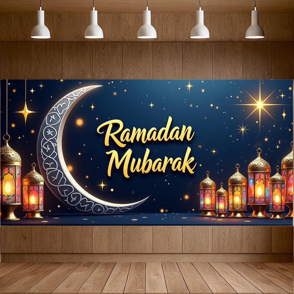 Bannière Ramadan Moubarak Lanterne Festival Islamique Toile de Fond Lune pour Décoration Aïd Accessoires Photo Fournitures de Fête Événement Ramadan