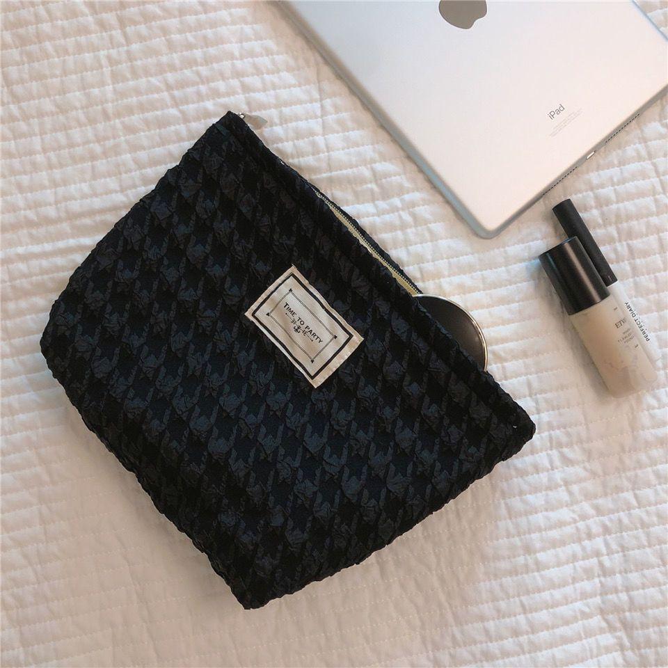 Ins, Niche, Corduroy, Contrasting Stripes, Makeup Bag, Portable, Travel Bag, Storage Bag, Toiletries Bag