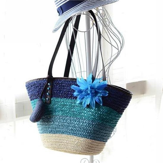 

Yogodlns В язана солом яна сумка Літня квітка Богемія Модні жіночі сумки Кольорові смужки Сумки на плече Пляжні 45*15*30cm