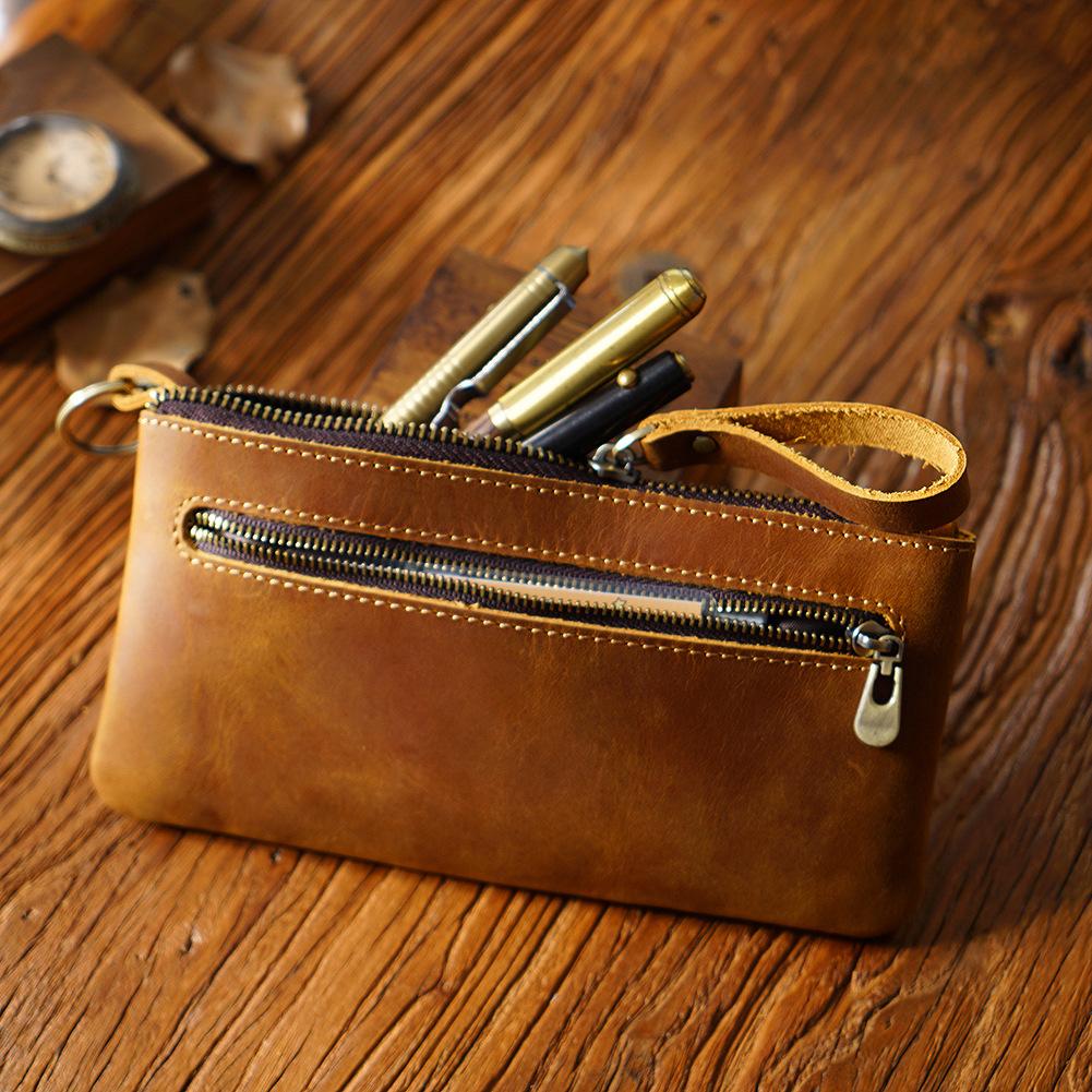 2026 Retro Crazy Horse Leather Zipper Pencil Case Creative Portable Simple Hand Grab Storage Bag Large Capacity Pencil Case New Product