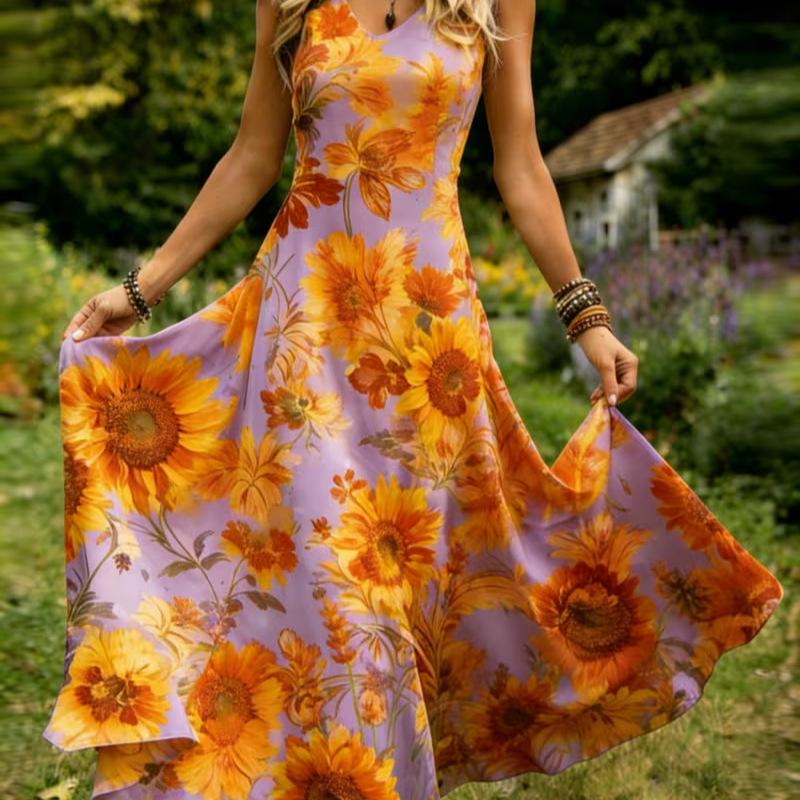 Europe, America, Amazon 3D Digital, Plus Size Printing Sleeveless V-neck Ruffle Edge Waist Long Dress