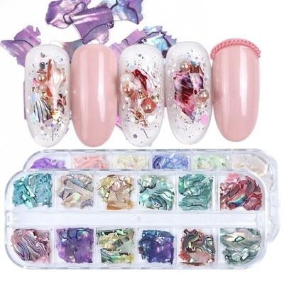 12 Gitter Nägel Abalone Muschel Fragmente Textur Natürliche Muschel 3D Charm Nail Art Dekoration Scheibe DIY Schönheitssalon Werkzeuge