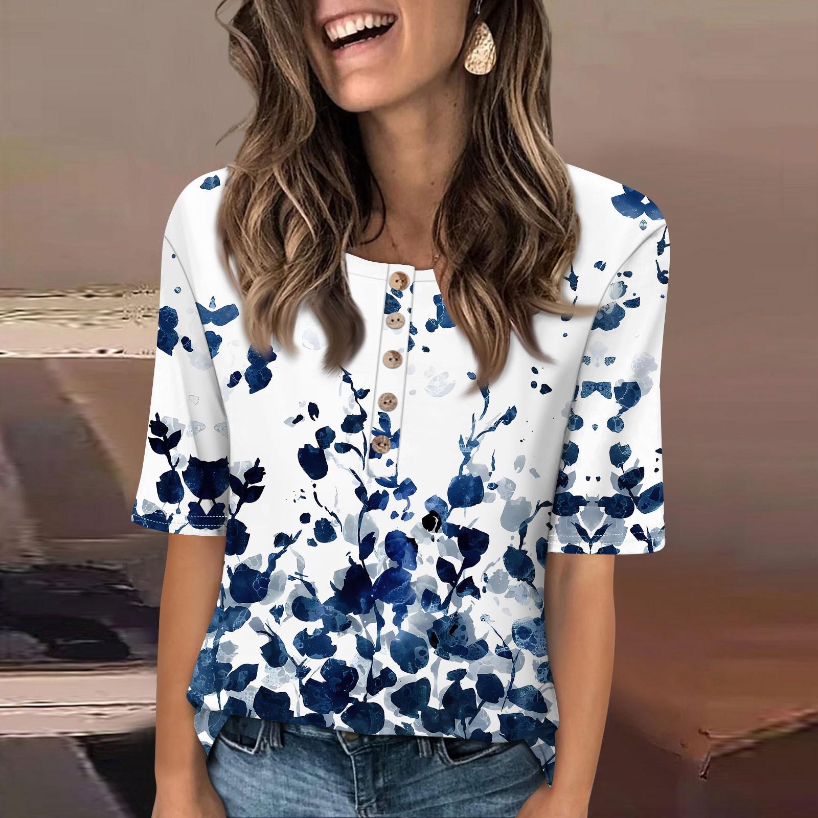 

Женский свободный повседневный топ с круглым вырезом и пуговицами с коротким рукавом и цветочным принтом XL