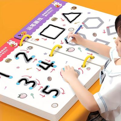 34-Page Children's Reusable Workbook Set with Erasable Pen - Early Learning of Writing and Drawing Skills Development, Educational Books