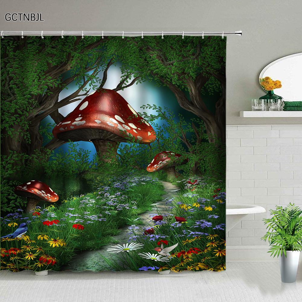 Fantasy Forest Shower Curtain Set Mystery Fairy Forest  Mushroom Flower Plant Home Bathroom Decor Curtains  Bath Accessory Set