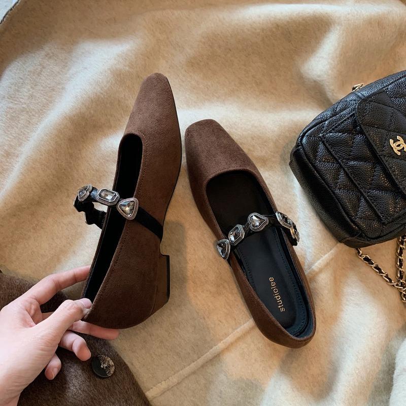 Sheepskin version temperament small square head love diamond belt shallow mouth Mary Jane shoes women's leopard print flat sole shoes