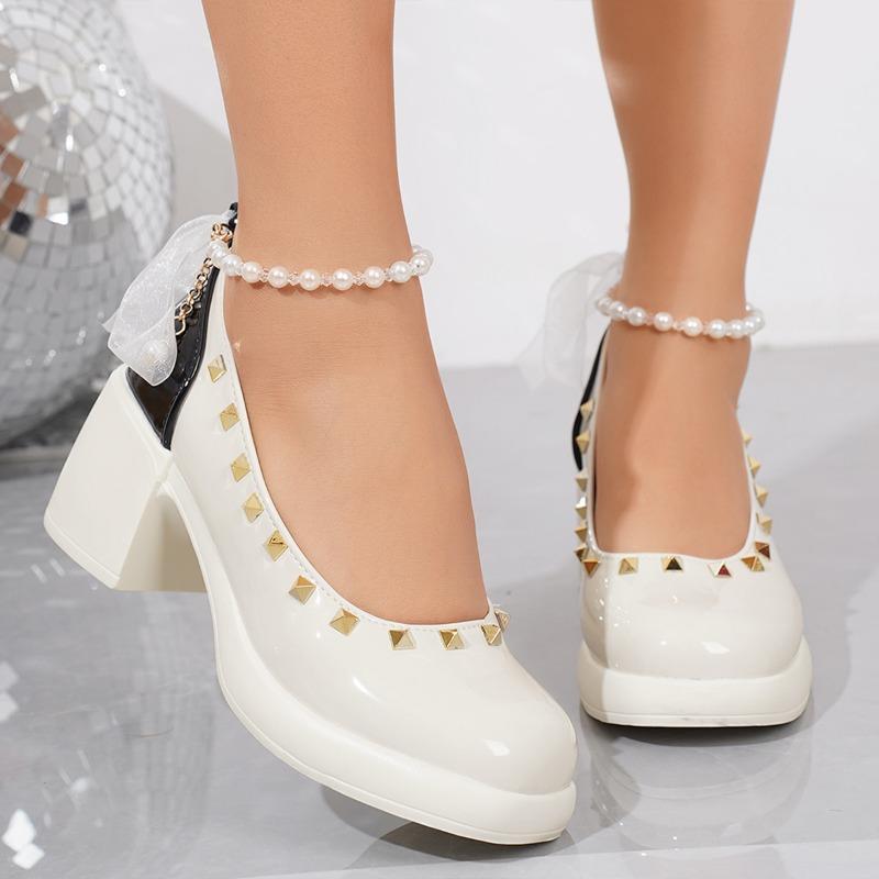 Fashion Plus Size 2025 Classics Women's High Heels String Bead Buckle Strap Bow Tie Rivet Chunky Heel Pumps for Mixed Color Dress Office