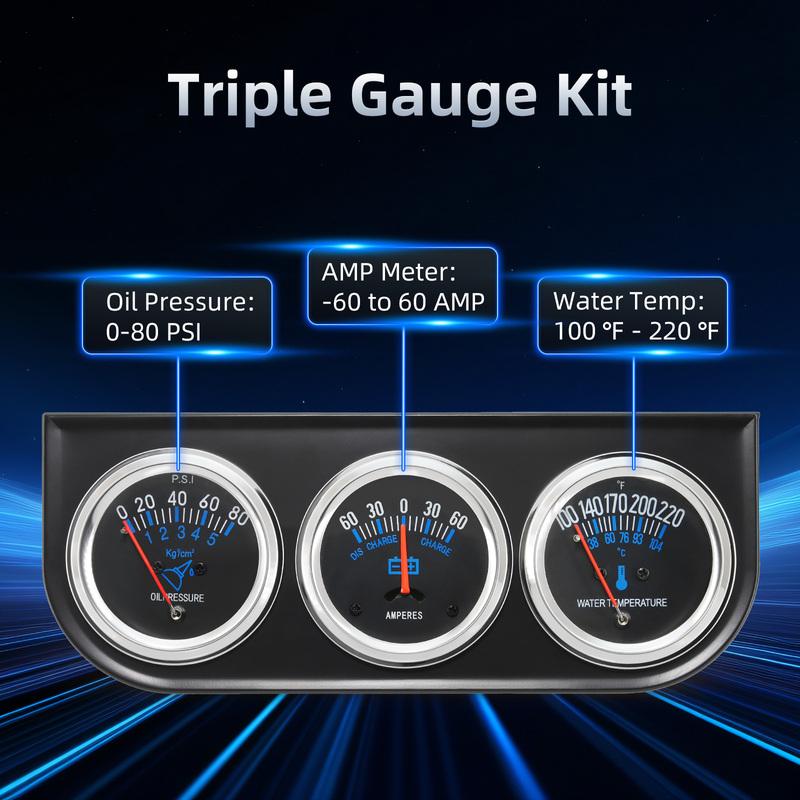 2'' 52mm 3 In 1 Triple Gauge Oil Pressure + AMPERES + Water Temp Auto Gauge Universal Triple Meter Kit With Sensor For Car Truck