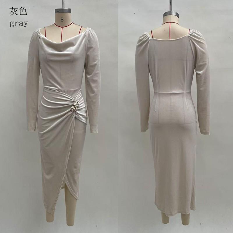 Womens Sexy Long Sleeve Slim Fit Pleated Maxi Dress Velvet Bodycon Split Party
