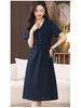 2025 Summer Mid-length V-neck Slimming Cotton Linen Dress for Middle-aged Women