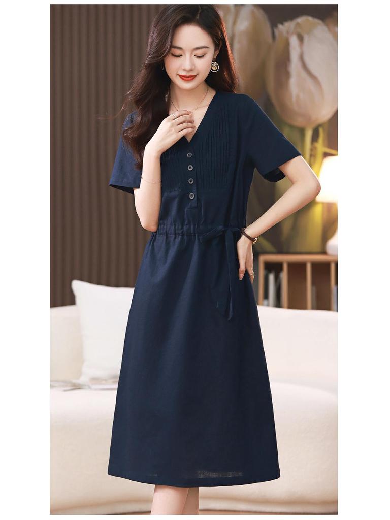2025 Summer Mid-length V-neck Slimming Cotton Linen Dress for Middle-aged Women