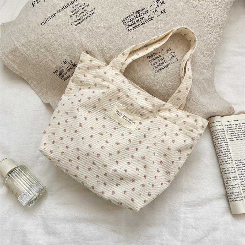 Corduroy Floral Handbag, Simple Tote Bag for Work, Lunch Bento Bag, Shopping Bag