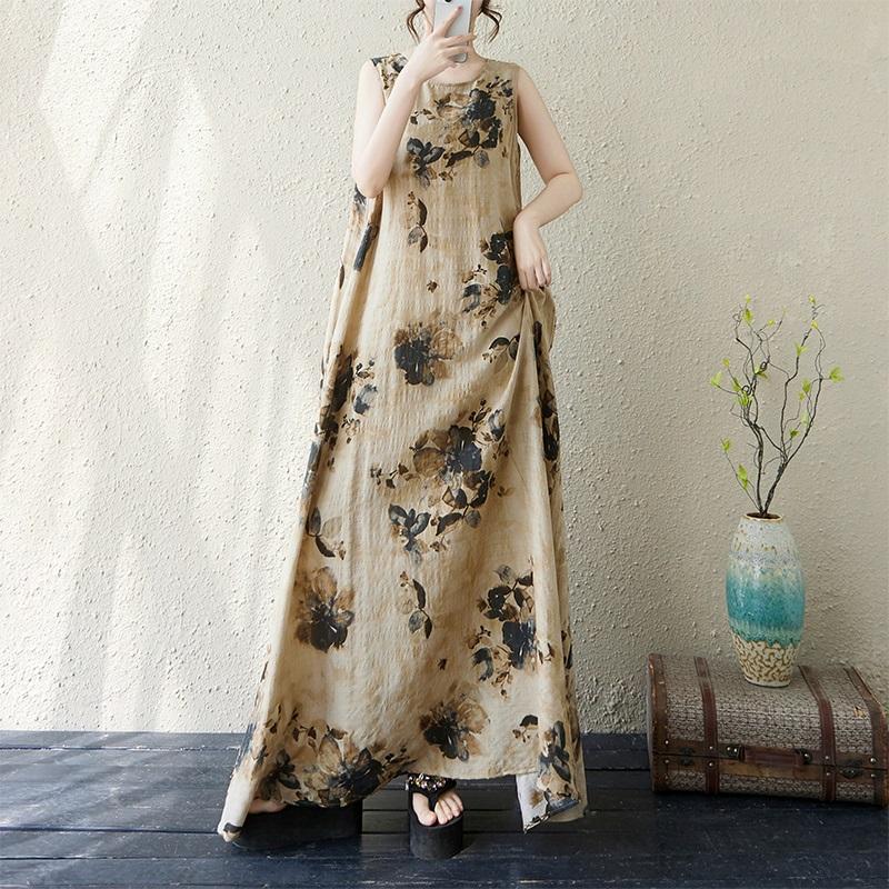 Sleeveless Plus Size Cotton Vintage Floral New In Dresses for Women Casual Loose Long Summer Dress