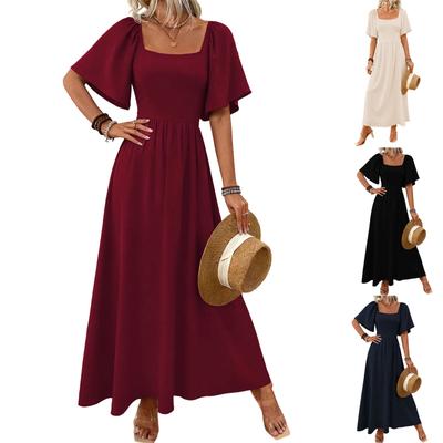 Damenmode Einfarbiges Quadratischer Ausschnitt Böhmisches Fünf-Ärmel-Kleid Konzertkleid Strandurlaub