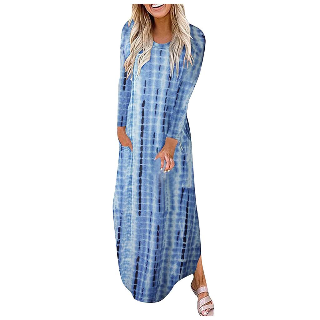 Fashion Womens Loose Long Sleeve Long Dress Round Neck Slit Pocket Ladies Dress