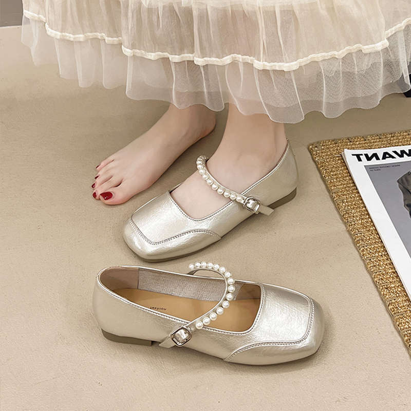 French Pearl One-word Buckle Shallow Mouth Small Single Shoes Women's 2025 Summer with Skirt Soft-soled Mary Jane Shoes Small Leather Shoes