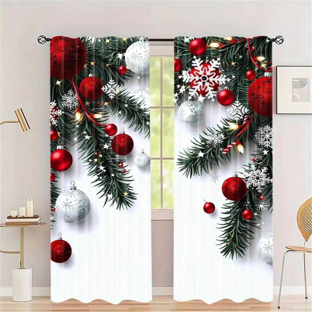 2pcs Set Gold Small Bell Christmas Curtains-Digital Print,Rod Pocket Design,Polyester - Perfect For Living Room,Kitchen,Bedroom