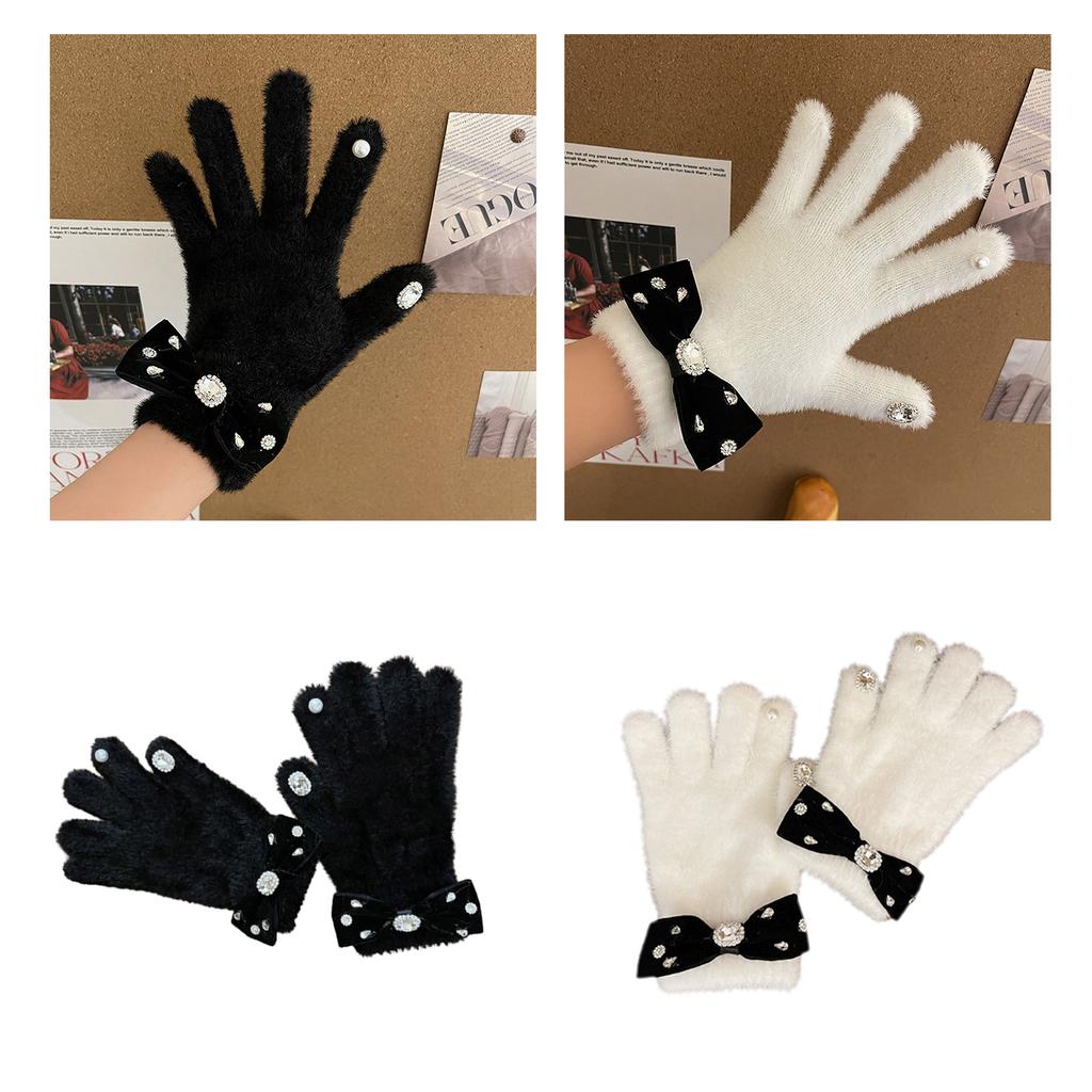Rhinestone&Bowknot Decor Knitted Gloves Winter Full Finger Mitten Thicken Warm Christmas Black/ White Gloves for Girls