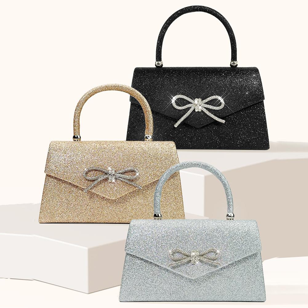 Women Evening Bag Bow Top Handle Bag Glitter Rhinestone Sparkly Mini Square Bag Wedding Party Prom Purse